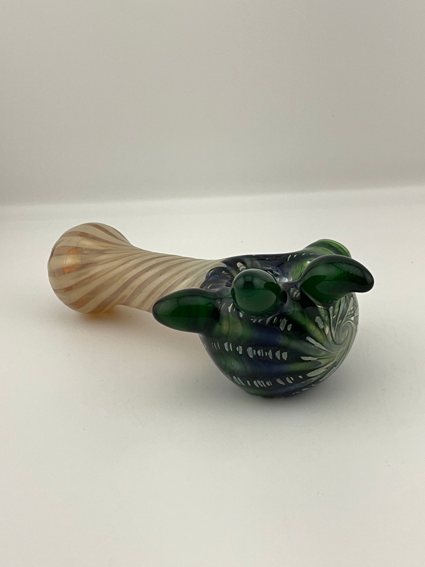 Wrap n Rake Twist Green and Silver Fumed Spoon Pipe with light blue marbles