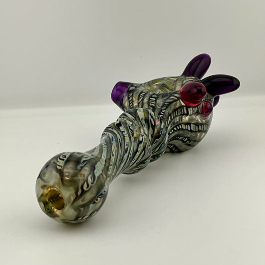 Wrap n Raked Black and Caramel Silver Fumed Spoon Pipe with light blue marbles - JeffBeckerGlass.com