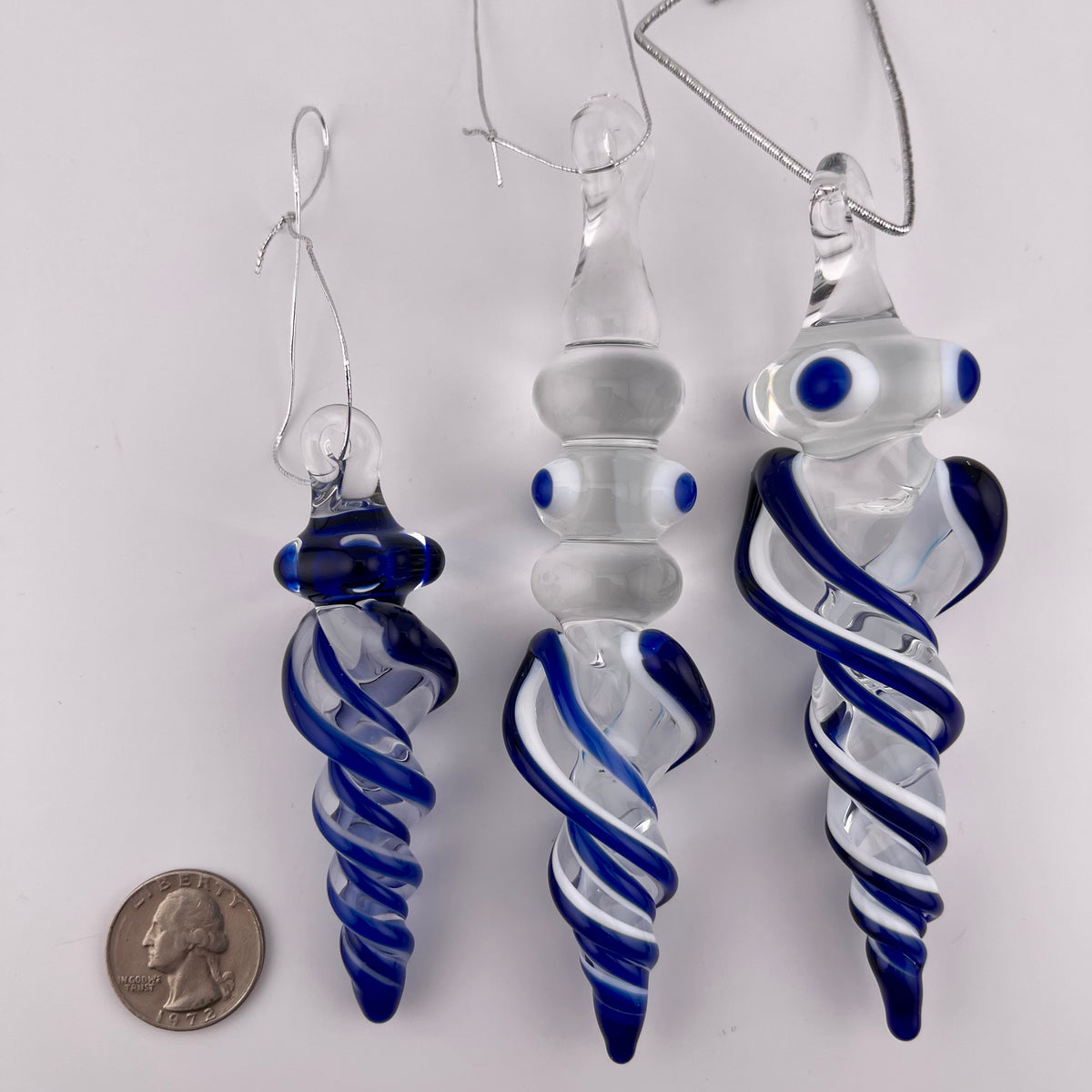 3 Pack Cobalt Blue over Lotus White Glass Icicle Ornament "Holiday Special" - JeffBeckerGlass.com