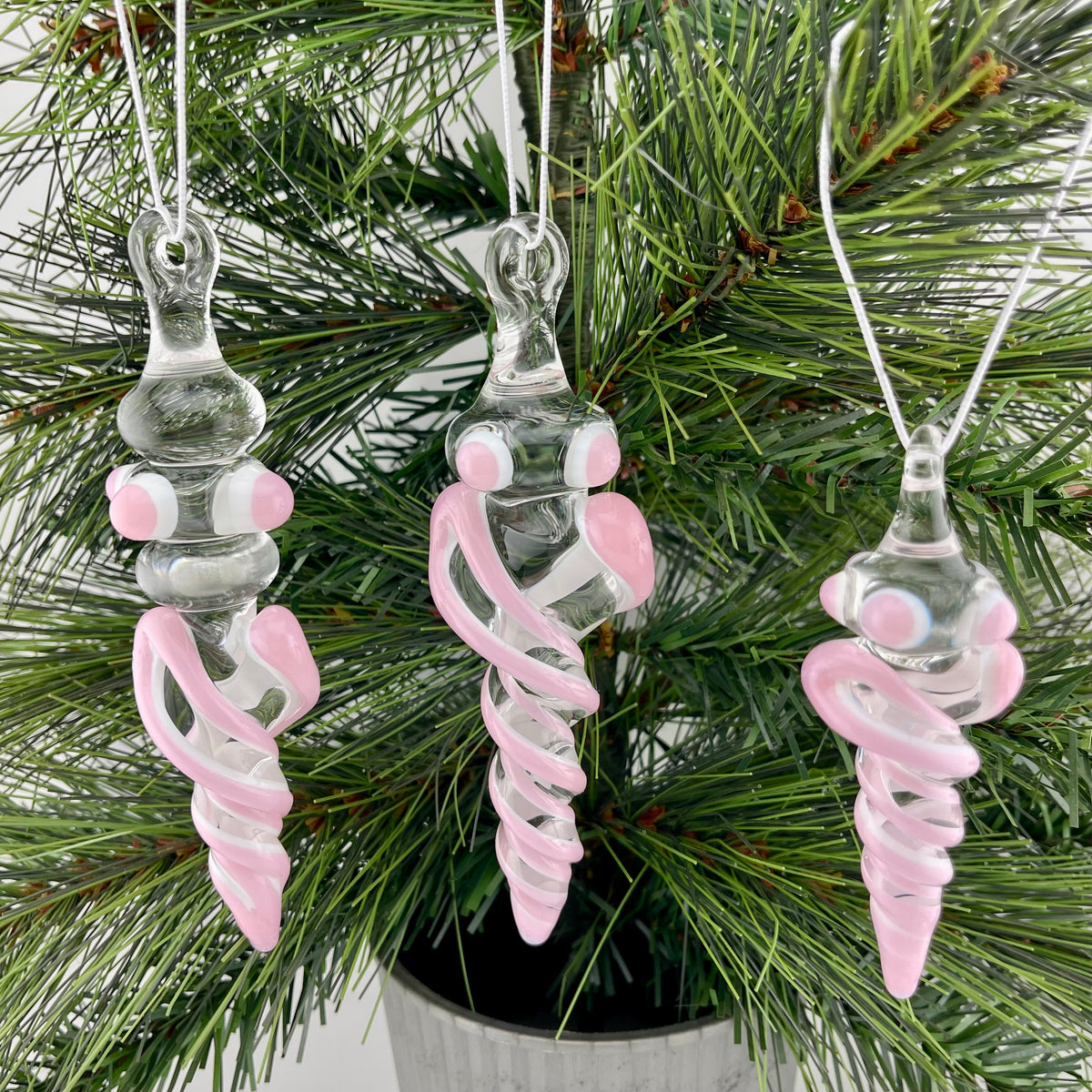 3 Pack Cadillac Pink over Lotus White Glass Icicle Ornament "Holiday Special" - JeffBeckerGlass.com