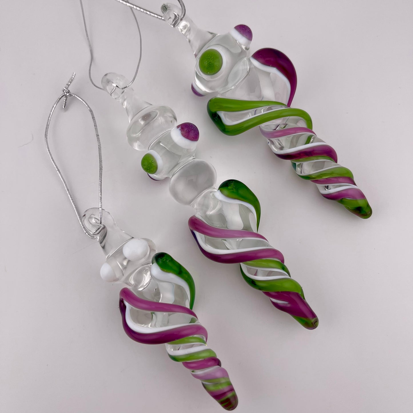 3 Pack of Royal Jelly and Plantphibian Green over Lotus White Glass Icicle Ornament "Holiday Special" - JeffBeckerGlass.com