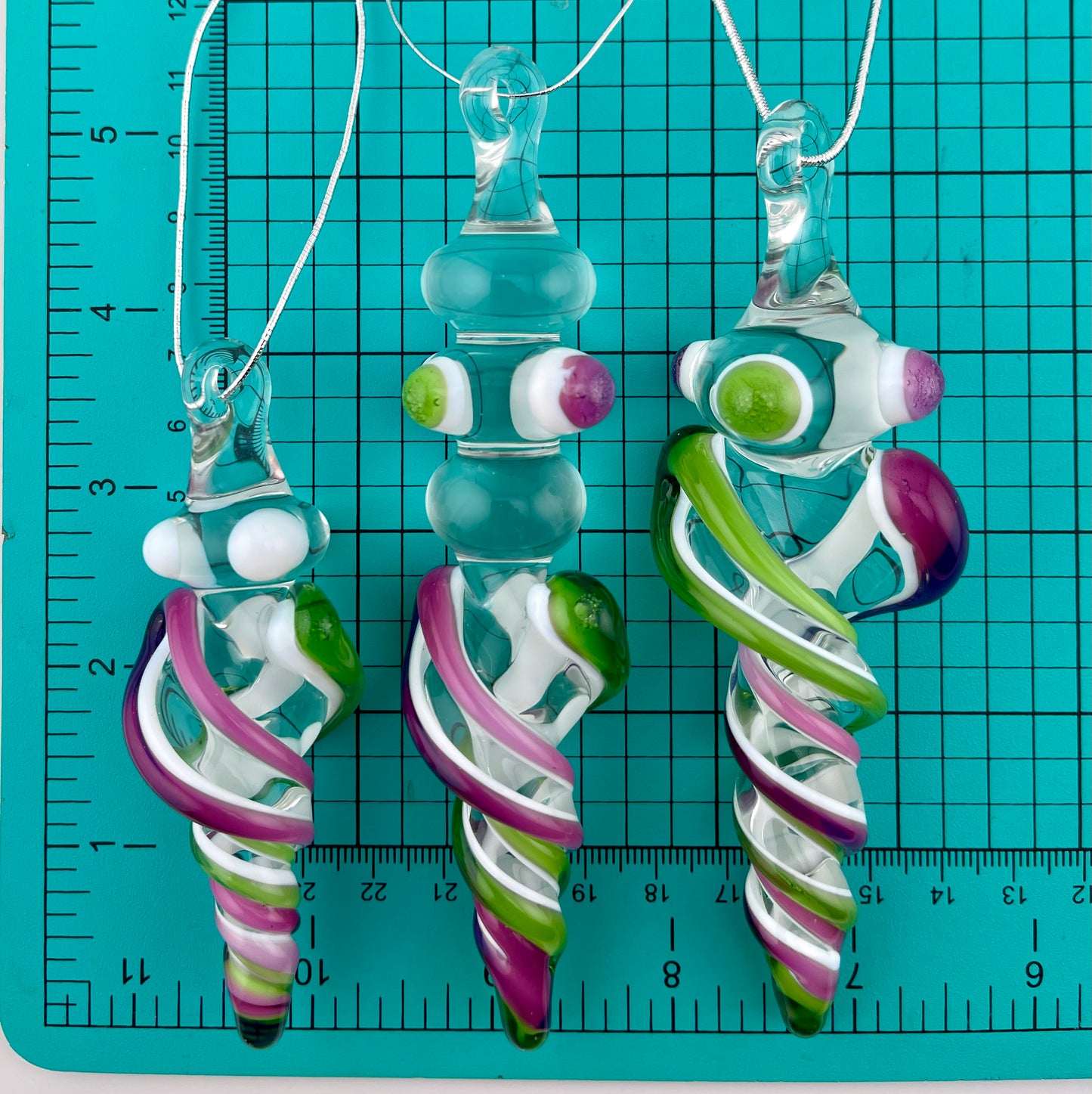 3 Pack of Royal Jelly and Plantphibian Green over Lotus White Glass Icicle Ornament "Holiday Special" - JeffBeckerGlass.com