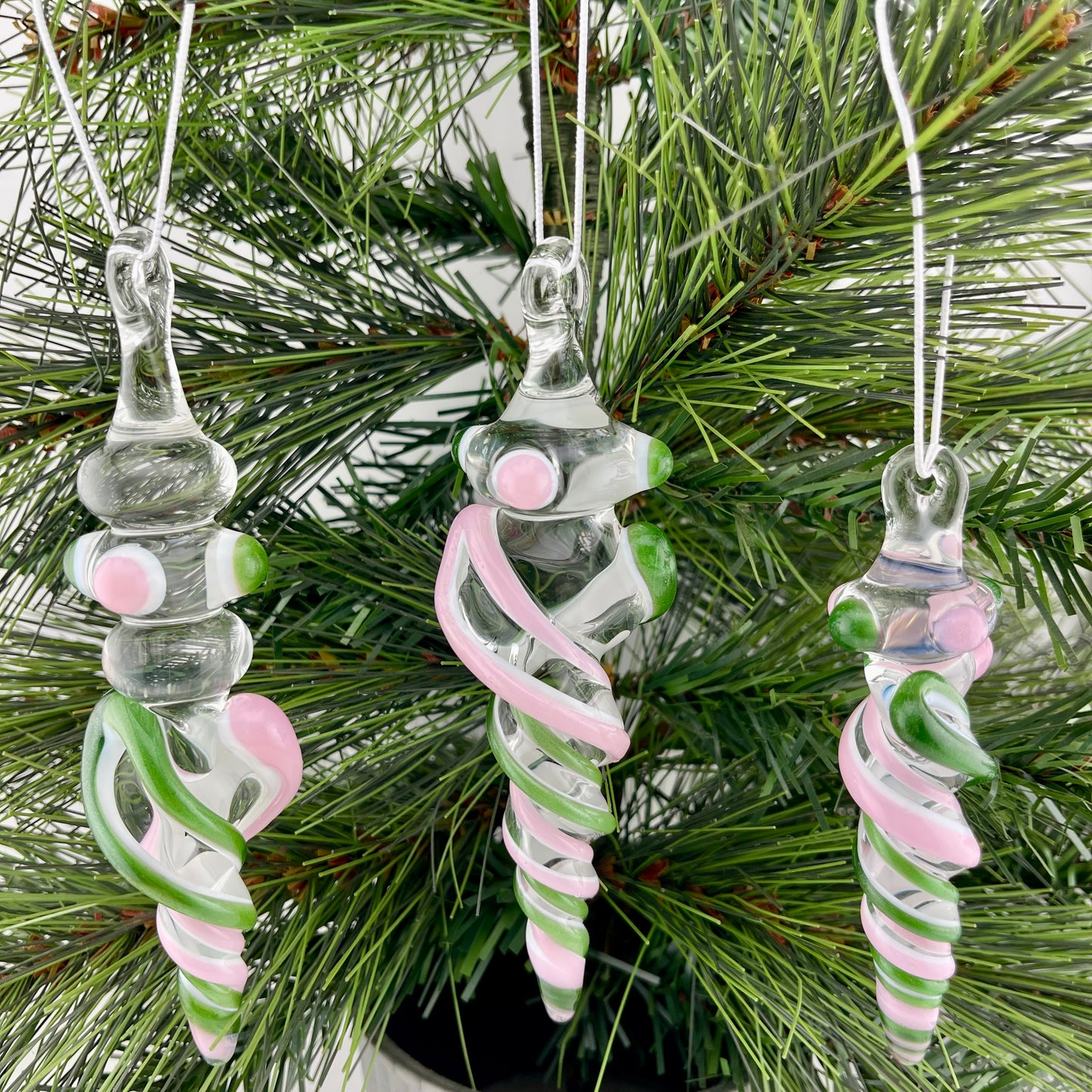 3 Pack Cadillac Pink and Sparkly Green over Lotus White Glass Icicle Ornament "Holiday Special"