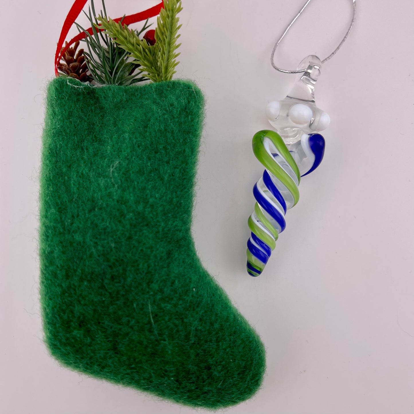 Mini Cobalt Blue and Plantphibian Green over White Glass Icicle Ornaments - JeffBeckerGlass.com