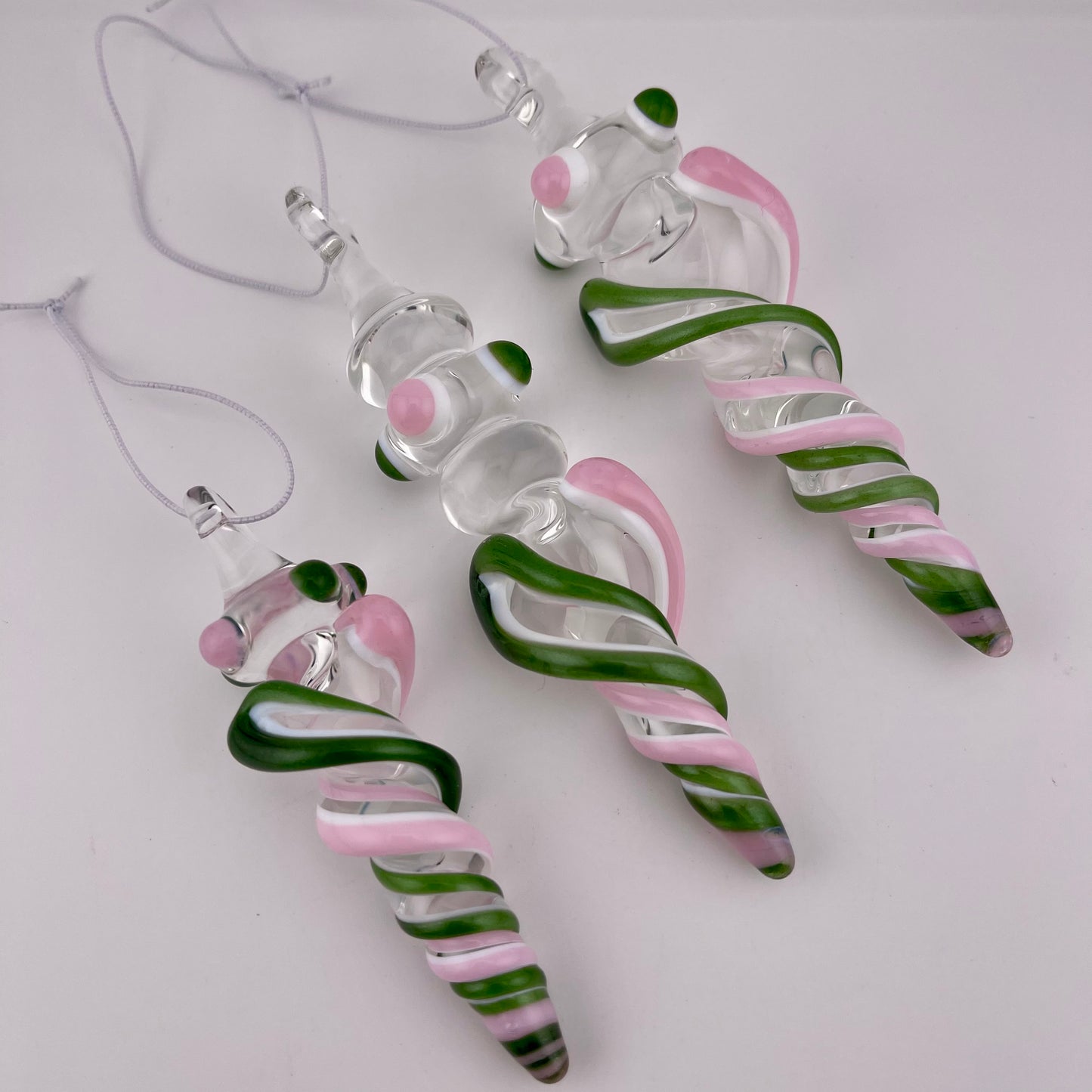 3 Pack Cadillac Pink and Sparkly Green over Lotus White Glass Icicle Ornament "Holiday Special"