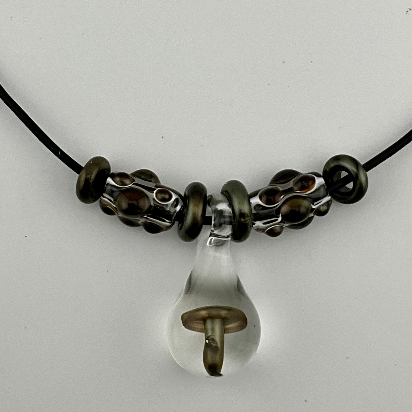 Electrum Glass Mushroom with accent beads finished necklace - JeffBeckerGlass.com