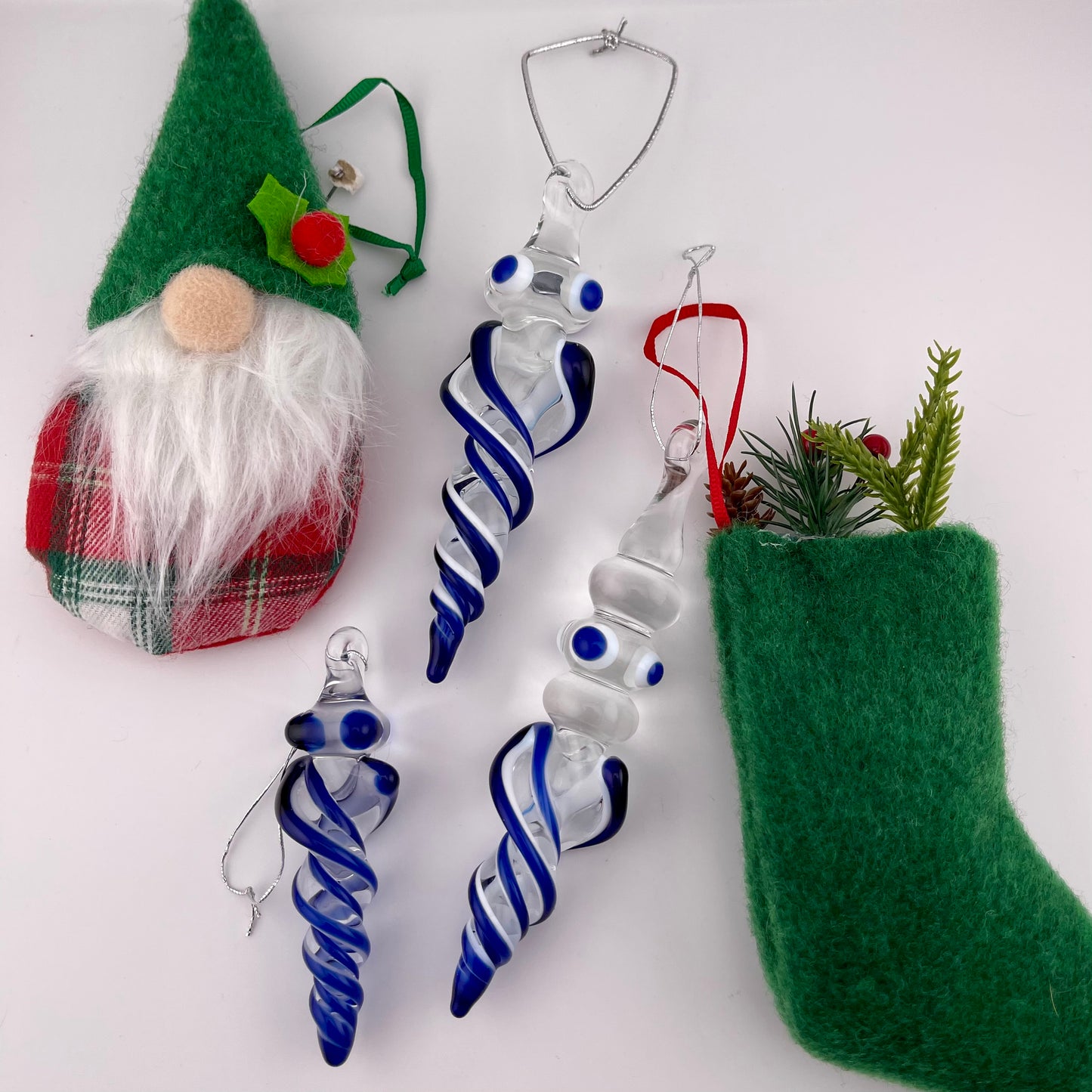 3 Pack Cobalt Blue over Lotus White Glass Icicle Ornament "Holiday Special" - JeffBeckerGlass.com