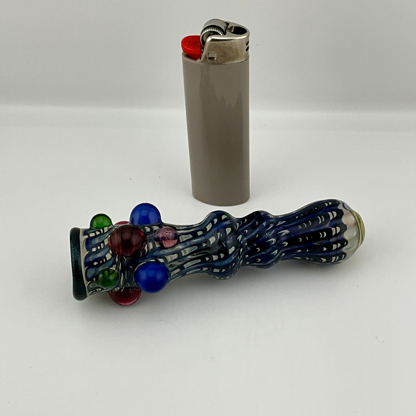 Blue Wrap n Rake Chillum Pipe Fully Worked Pipe Silver Fumed