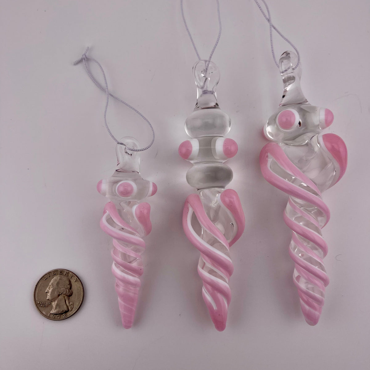 3 Pack Cadillac Pink over Lotus White Glass Icicle Ornament "Holiday Special" - JeffBeckerGlass.com