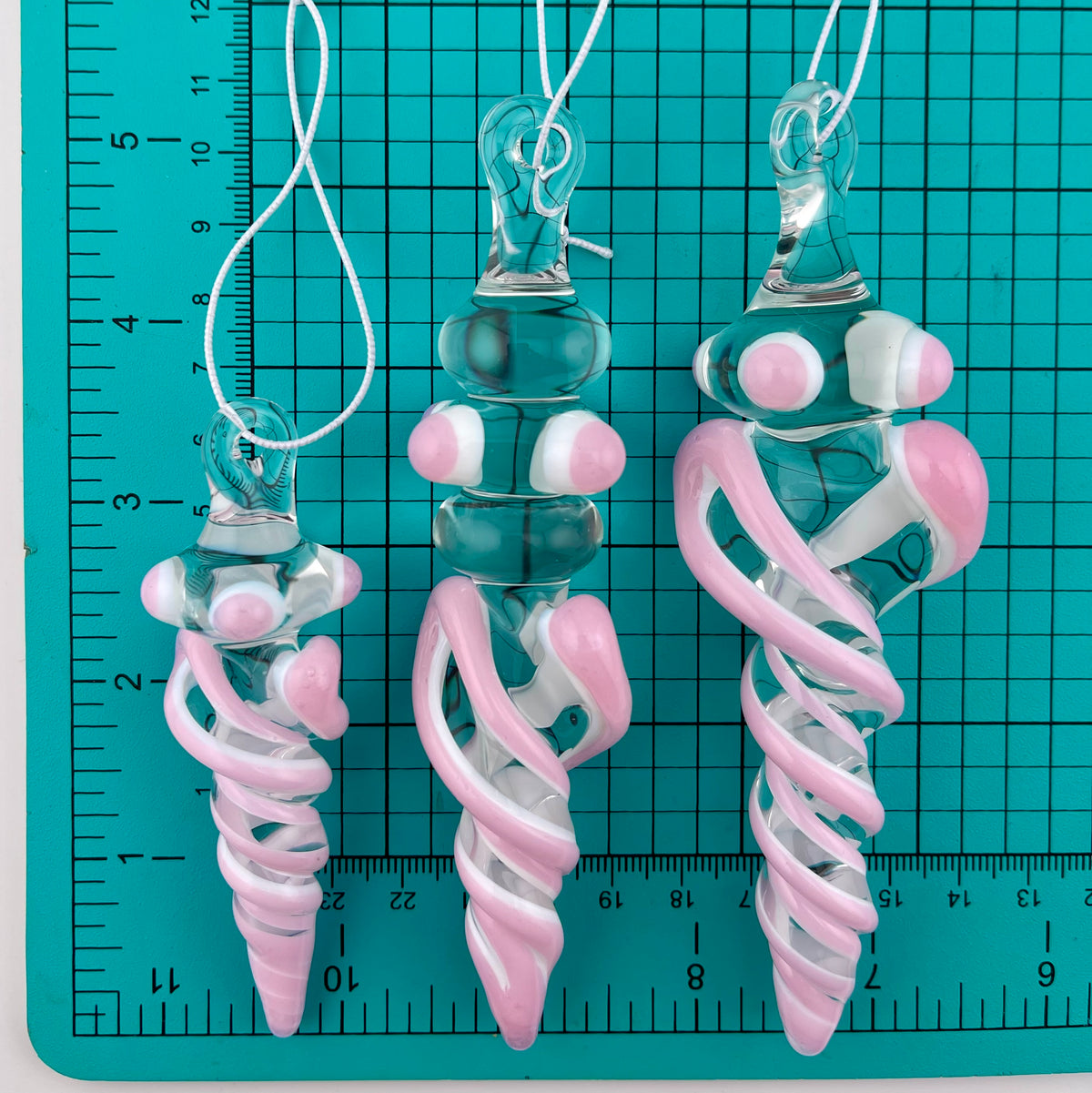 3 Pack Cadillac Pink over Lotus White Glass Icicle Ornament "Holiday Special" - JeffBeckerGlass.com