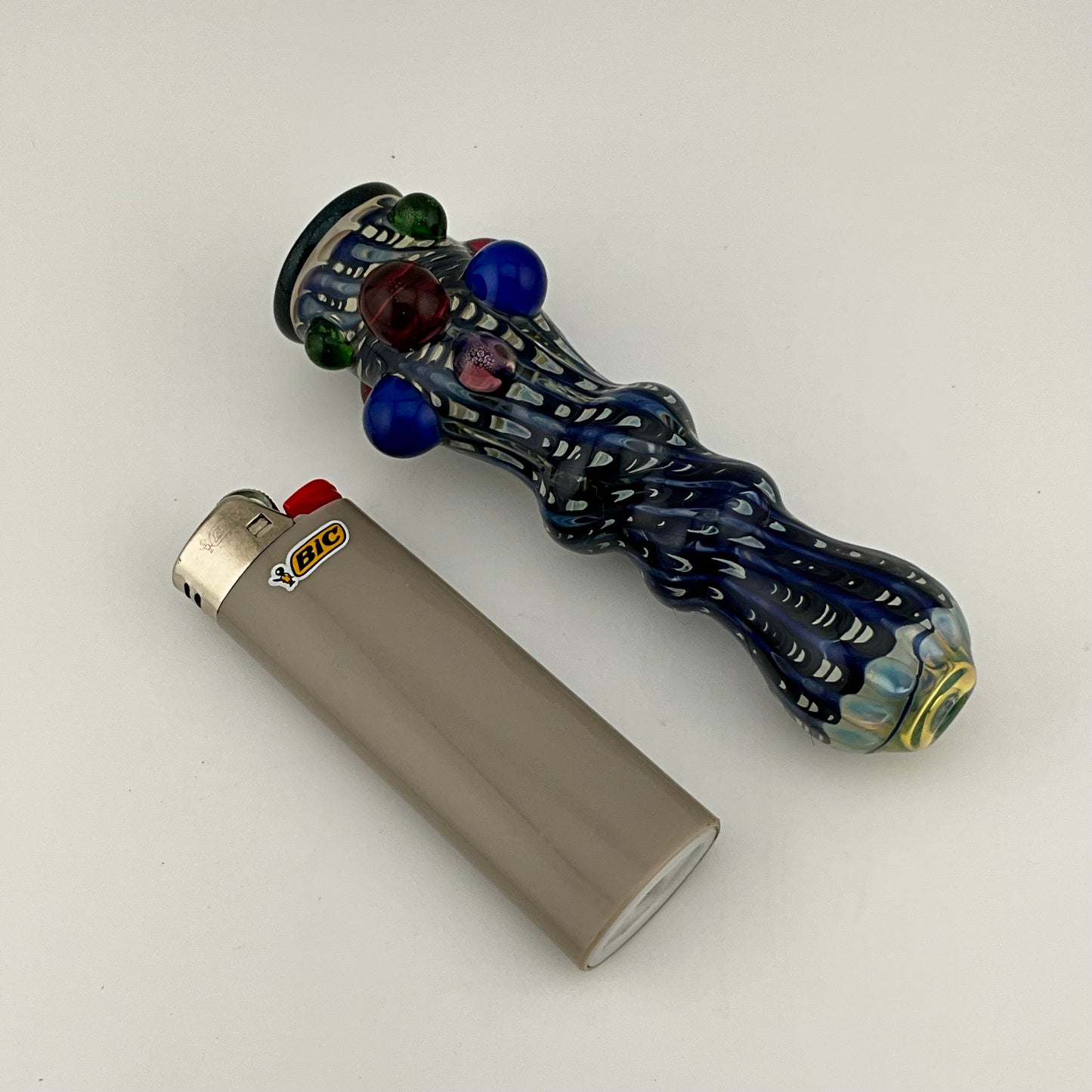 Blue Wrap n Rake Chillum Pipe Fully Worked Pipe Silver Fumed