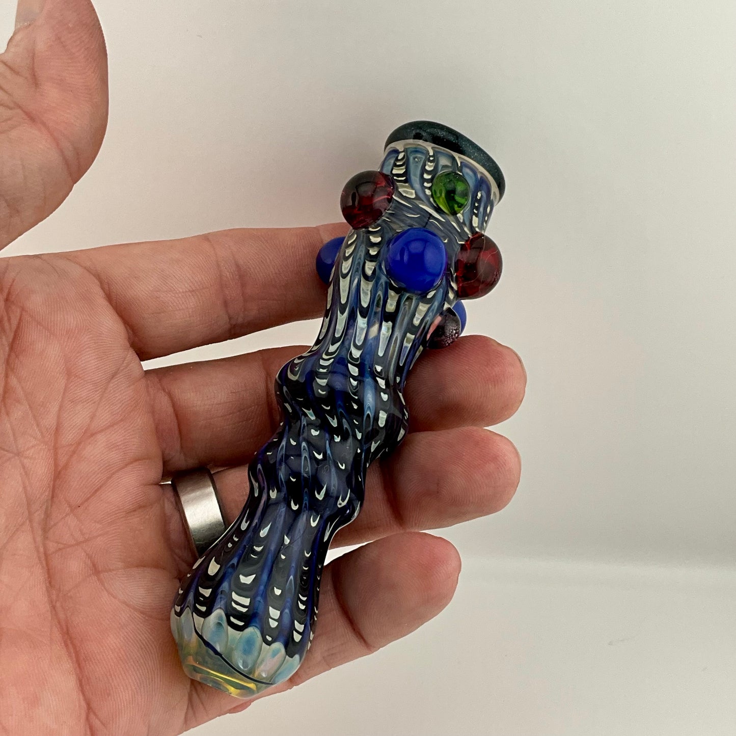 Blue Wrap n Rake Chillum Pipe Fully Worked Pipe Silver Fumed