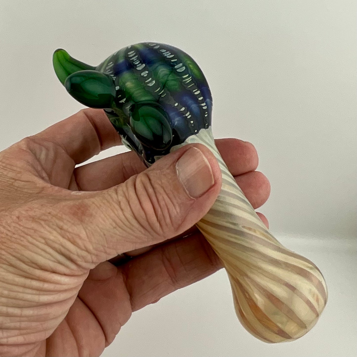 Wrap n Rake Twist Green and Silver Fumed Spoon Pipe with light blue marbles