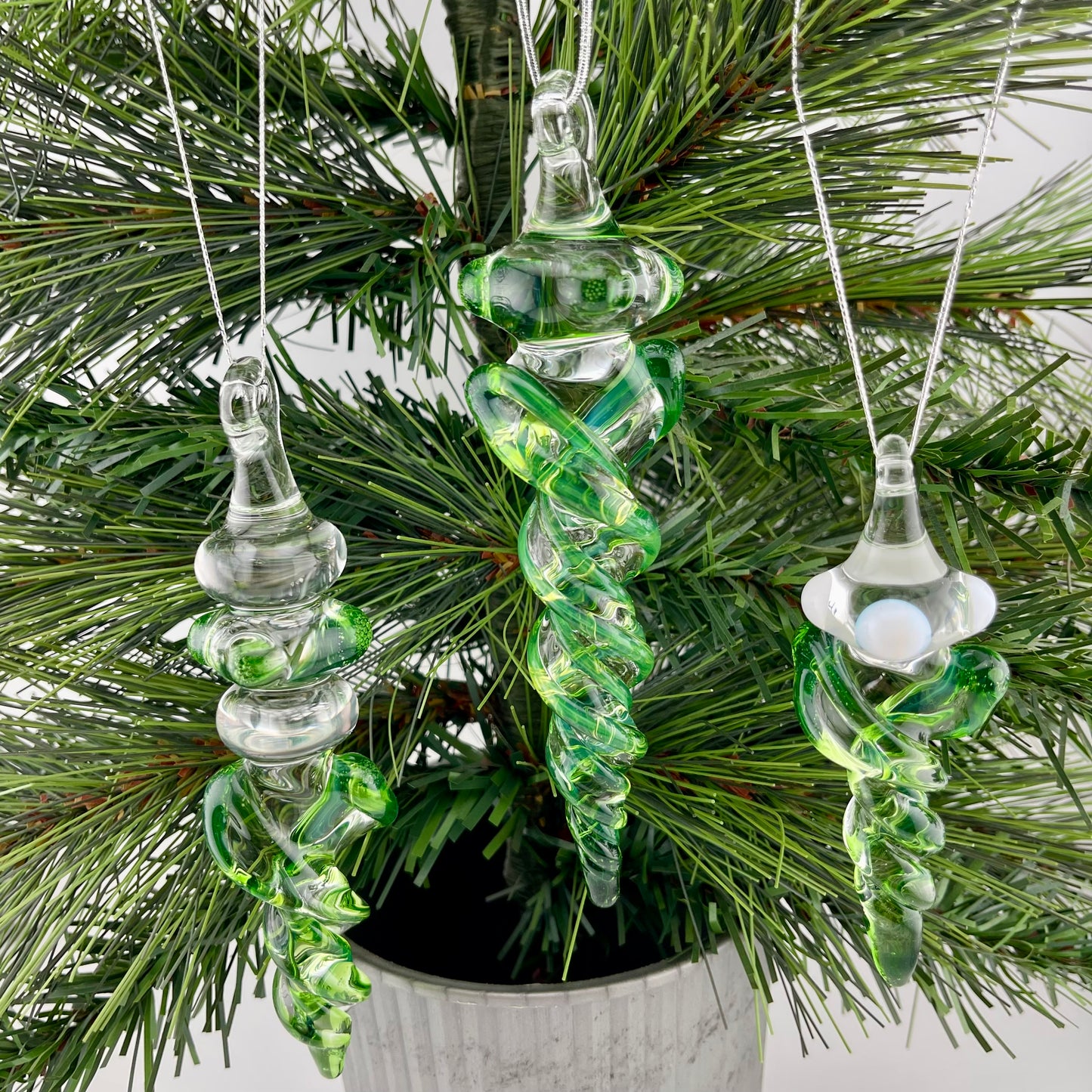 3 Pack Plantphibian Green Glass Icicle Ornament "Holiday Special"