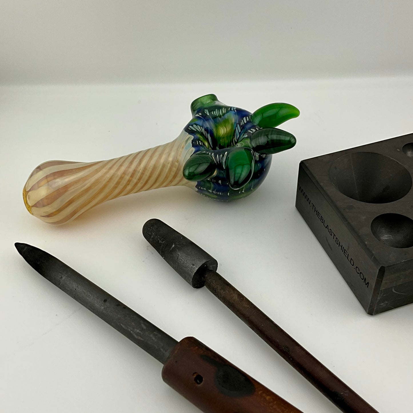 Wrap n Rake Twist Green and Silver Fumed Spoon Pipe with light blue marbles