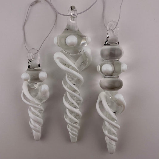 3 Pack White Glass Icicle Ornament  "Holiday Special" - JeffBeckerGlass.com