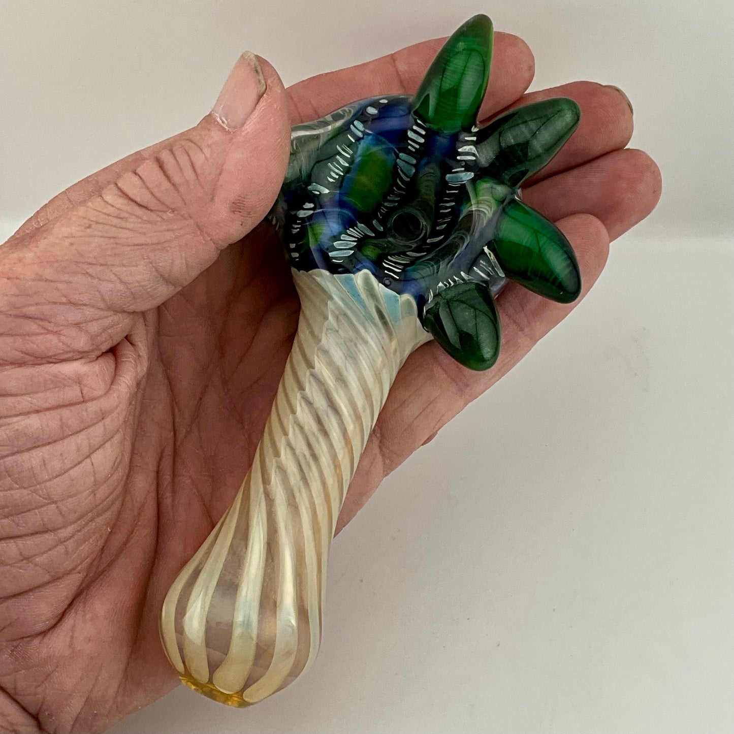 Wrap n Rake Twist Green and Silver Fumed Spoon Pipe with light blue marbles