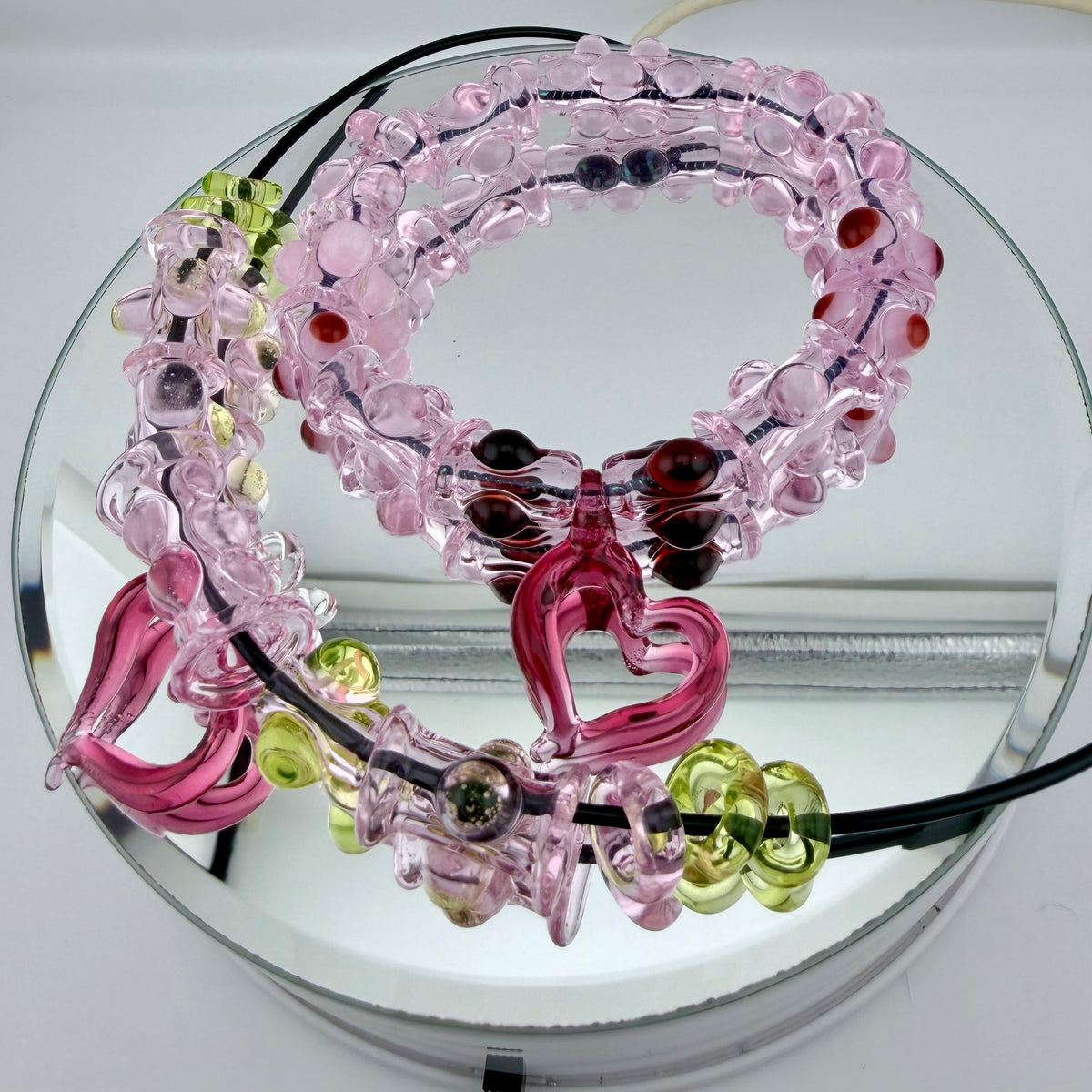 Pink Glass Stretchy Bead Bracelet with Heart Pendant 7 Inch Diameter and comes with A floating frame casefor Night Out Fashion - JeffBeckerGlass.com