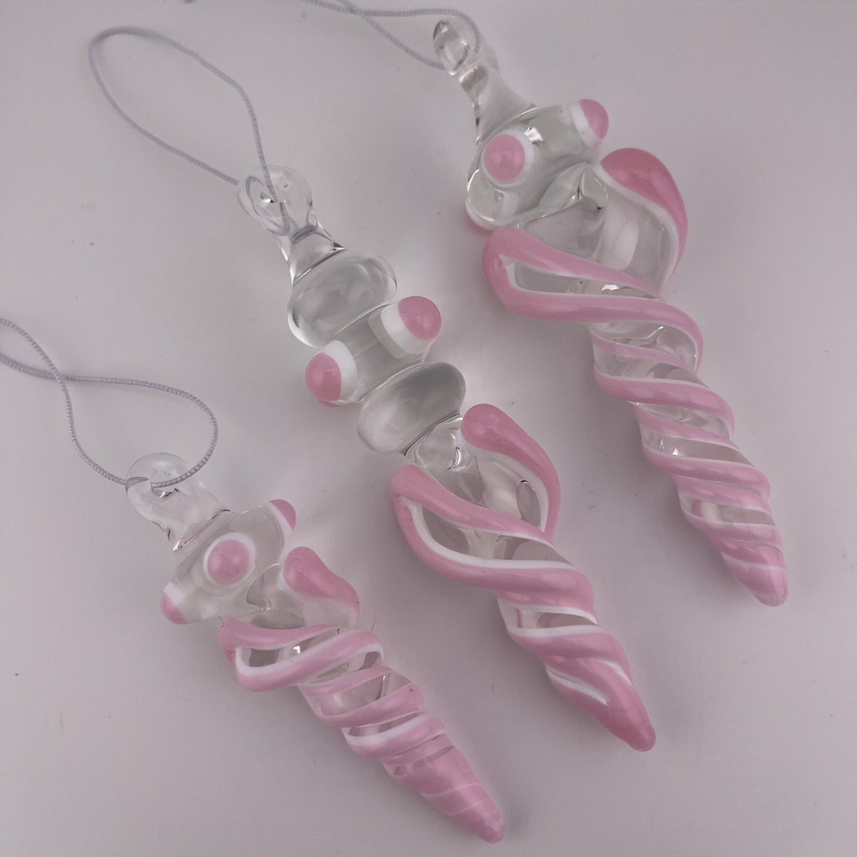 3 Pack Cadillac Pink over Lotus White Glass Icicle Ornament "Holiday Special" - JeffBeckerGlass.com