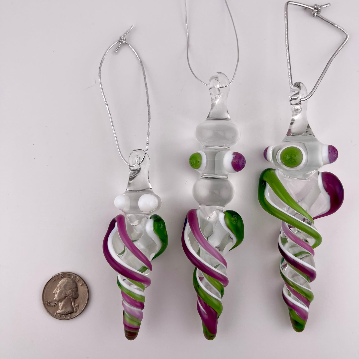 3 Pack of Royal Jelly and Plantphibian Green over Lotus White Glass Icicle Ornament  "Holiday Special" - JeffBeckerGlass.com