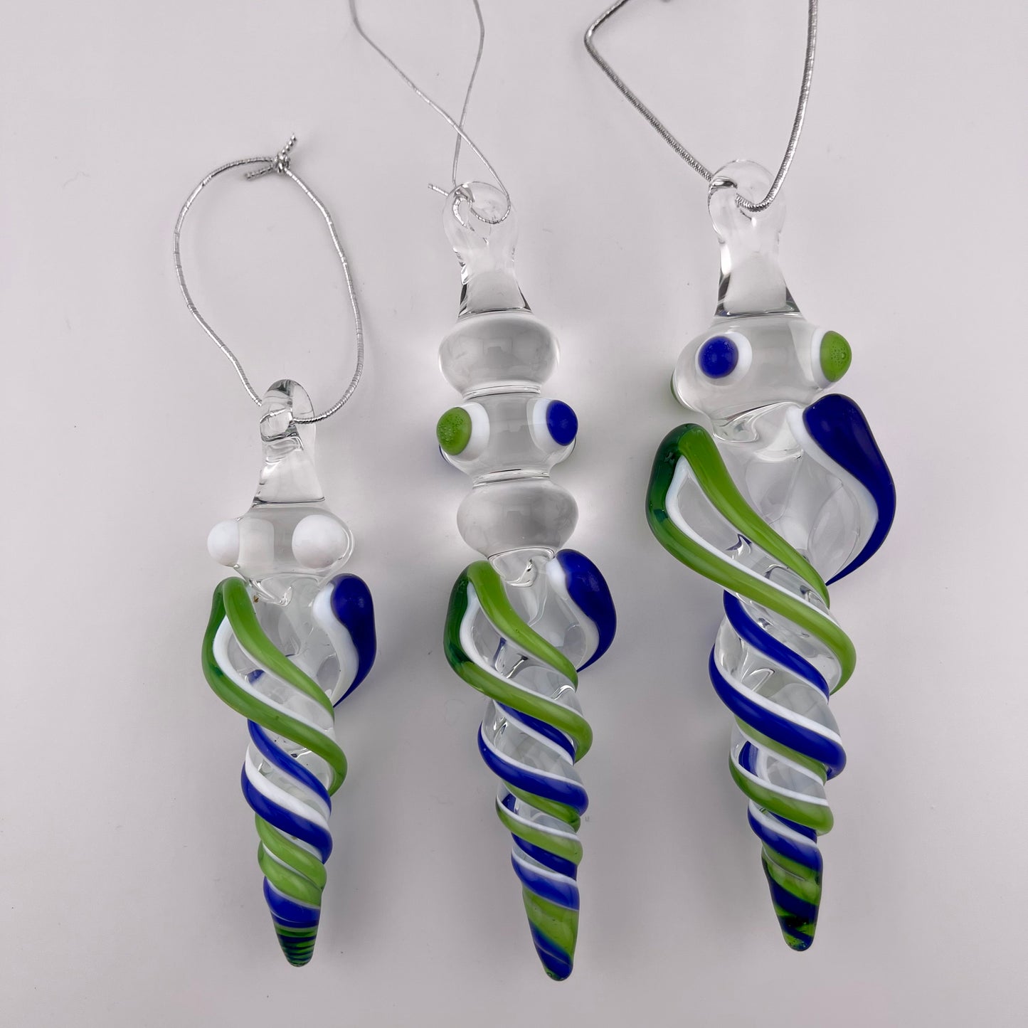 3 Pack Cobalt Blue and Sparkly Green over Lotus White Glass Icicle Ornament "Holiday Special" - JeffBeckerGlass.com