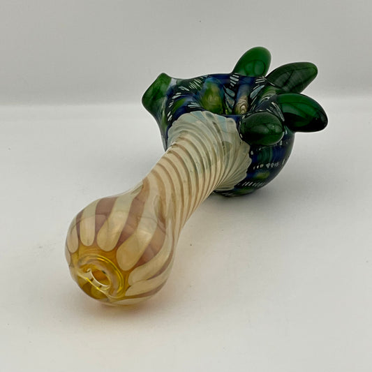 Wrap n Rake Twist Green and Silver Fumed Spoon Pipe with light blue marbles - JeffBeckerGlass.com