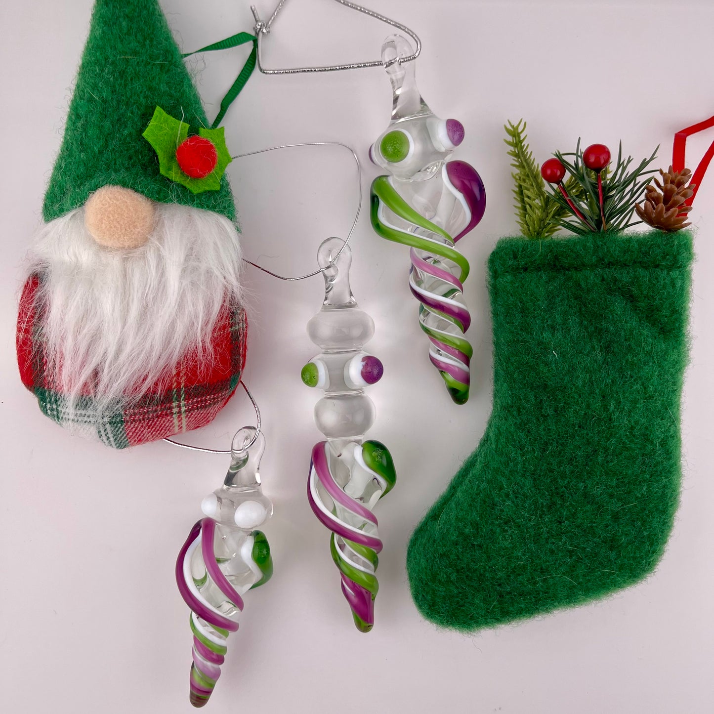 3 Pack of Royal Jelly and Plantphibian Green over Lotus White Glass Icicle Ornament "Holiday Special" - JeffBeckerGlass.com