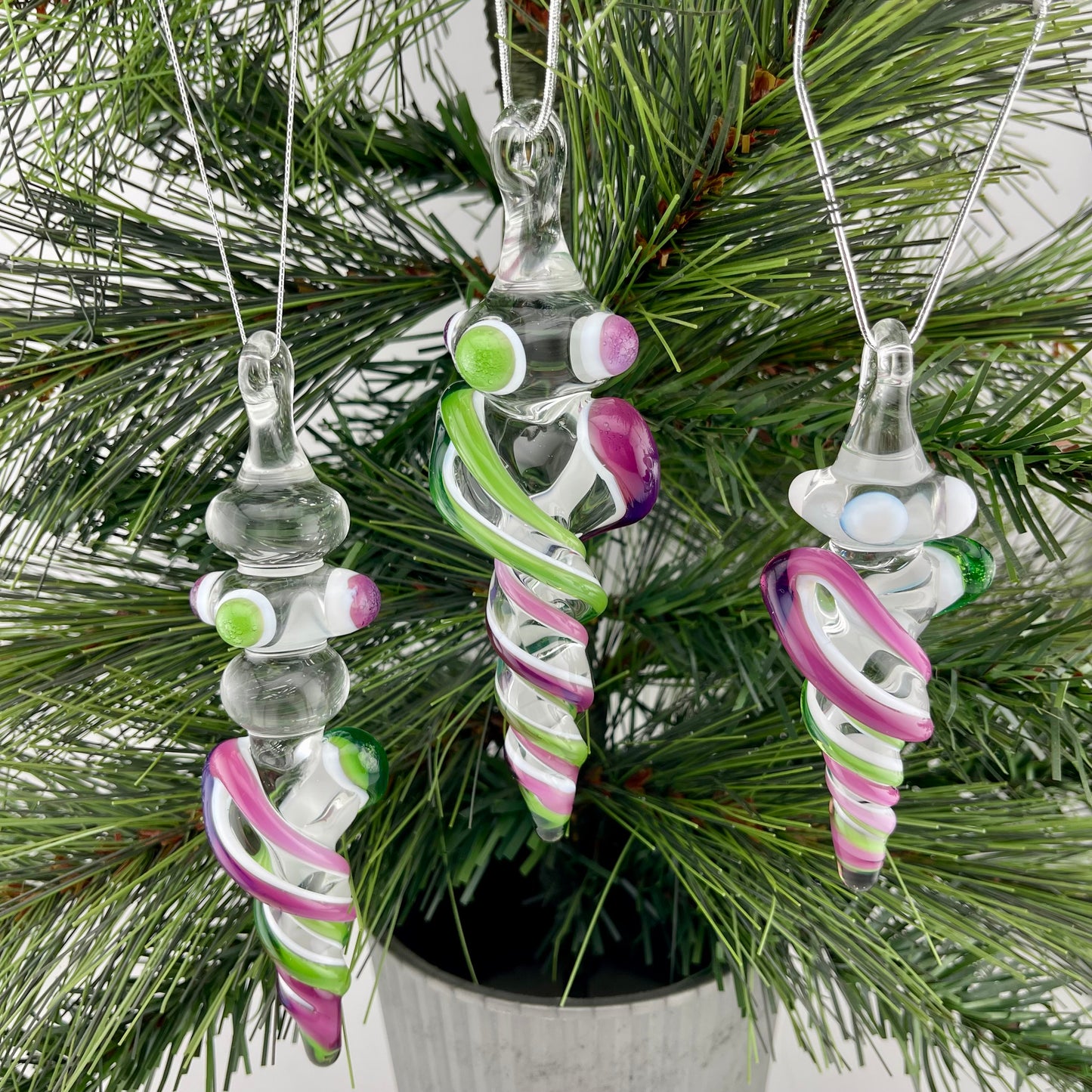 3 Pack of Royal Jelly and Plantphibian Green over Lotus White Glass Icicle Ornament "Holiday Special" - JeffBeckerGlass.com