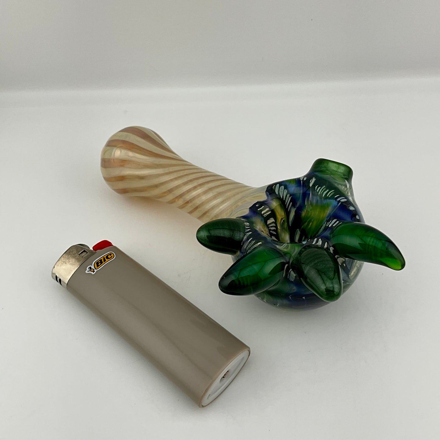 Wrap n Rake Twist Green and Silver Fumed Spoon Pipe with light blue marbles
