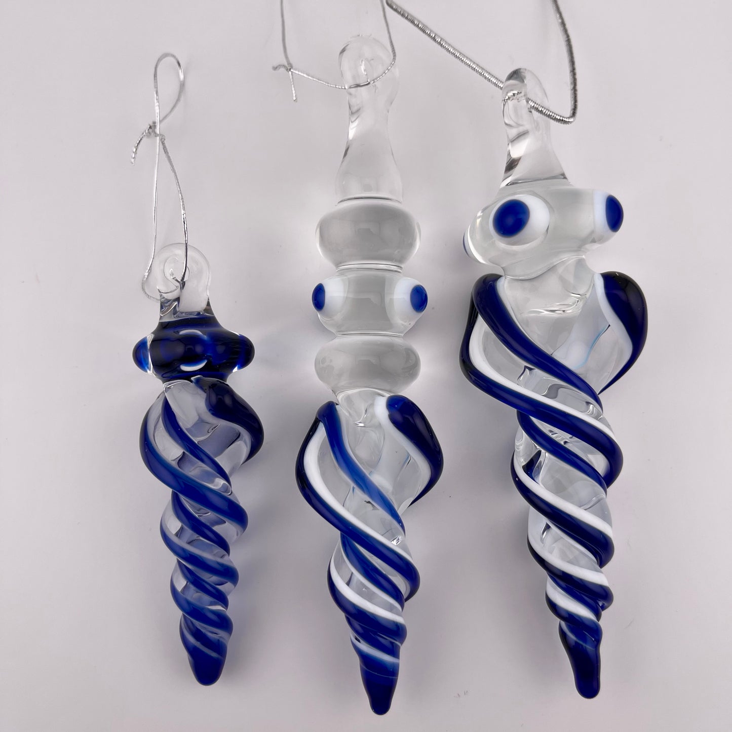 3 Pack Cobalt Blue over Lotus White Glass Icicle Ornament "Holiday Special" - JeffBeckerGlass.com