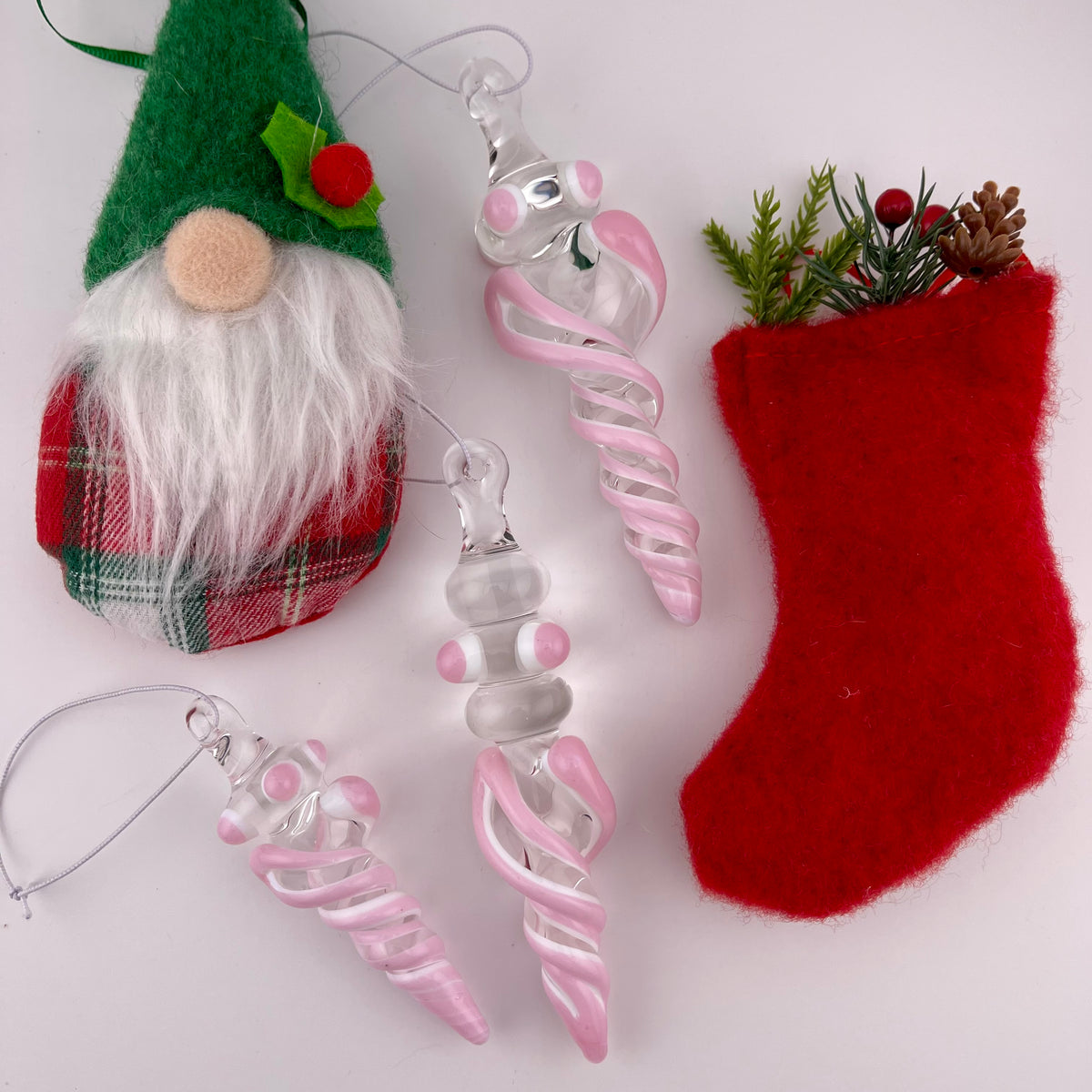 3 Pack Cadillac Pink over Lotus White Glass Icicle Ornament "Holiday Special" - JeffBeckerGlass.com