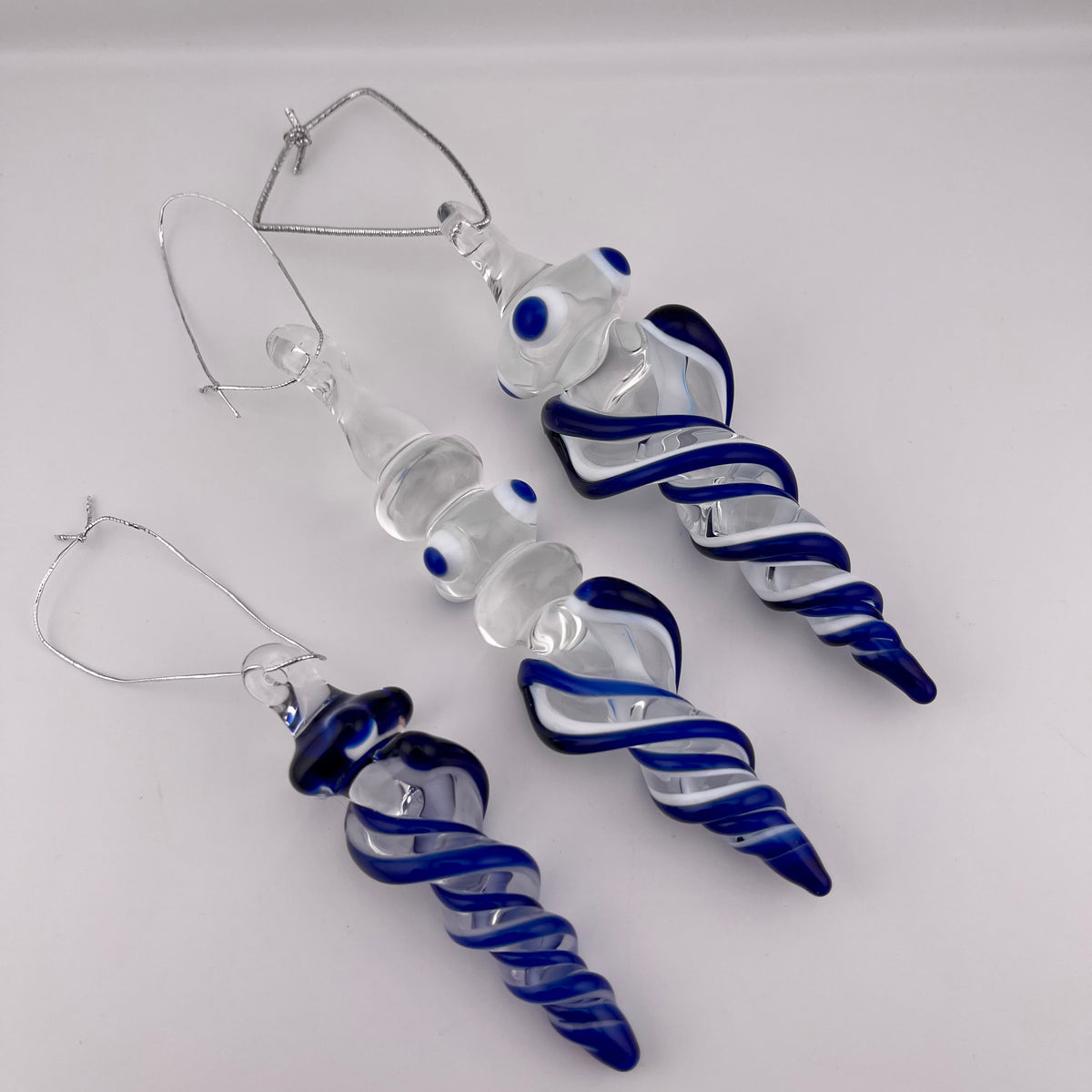 3 Pack Cobalt Blue over Lotus White Glass Icicle Ornament "Holiday Special" - JeffBeckerGlass.com
