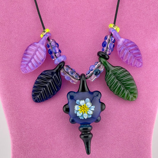 Flower Necklace Pendant with accent leaf Beads - JeffBeckerGlass.com