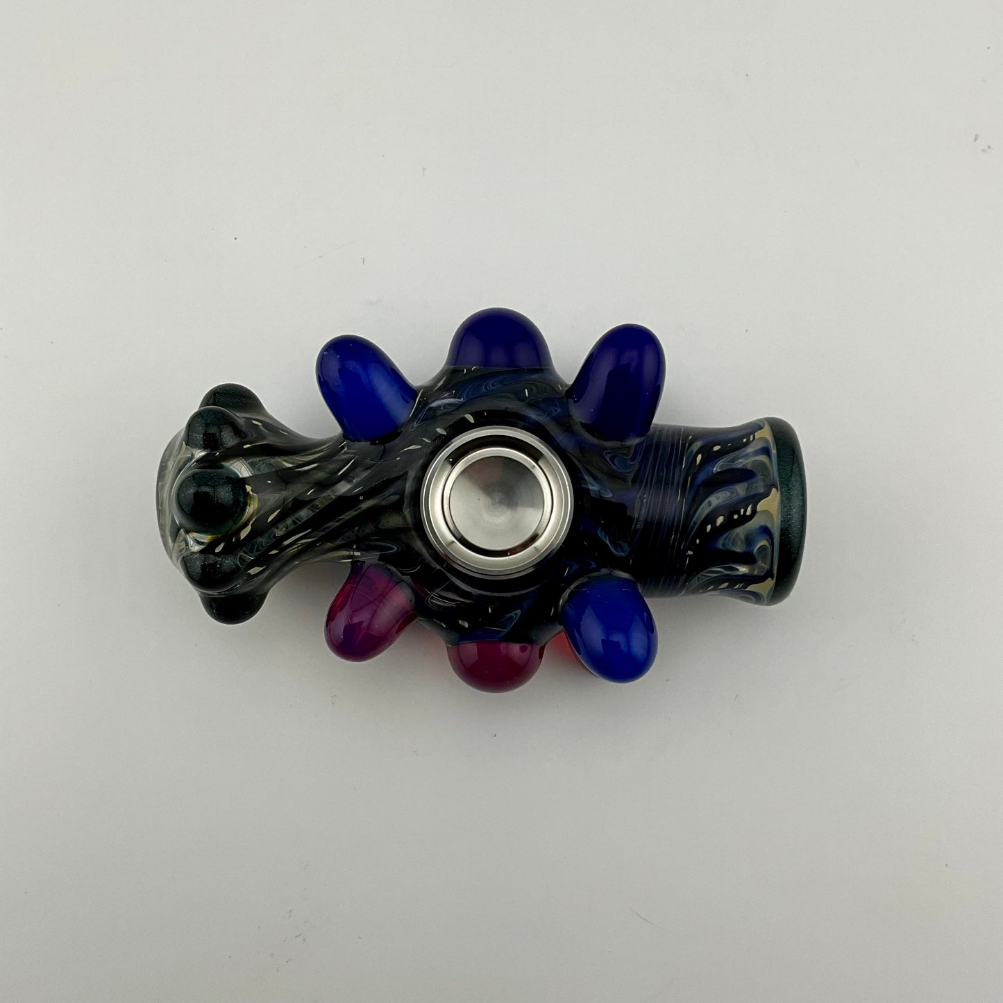 Glass Fidget Spinner Pipe Cobalt Blue and Silver Wrap n Rake - JeffBeckerGlass.com