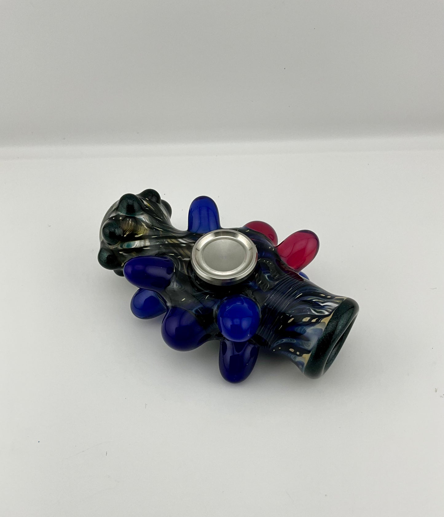 Glass Fidget Spinner Pipe Cobalt Blue and Silver Wrap n Rake - JeffBeckerGlass.com