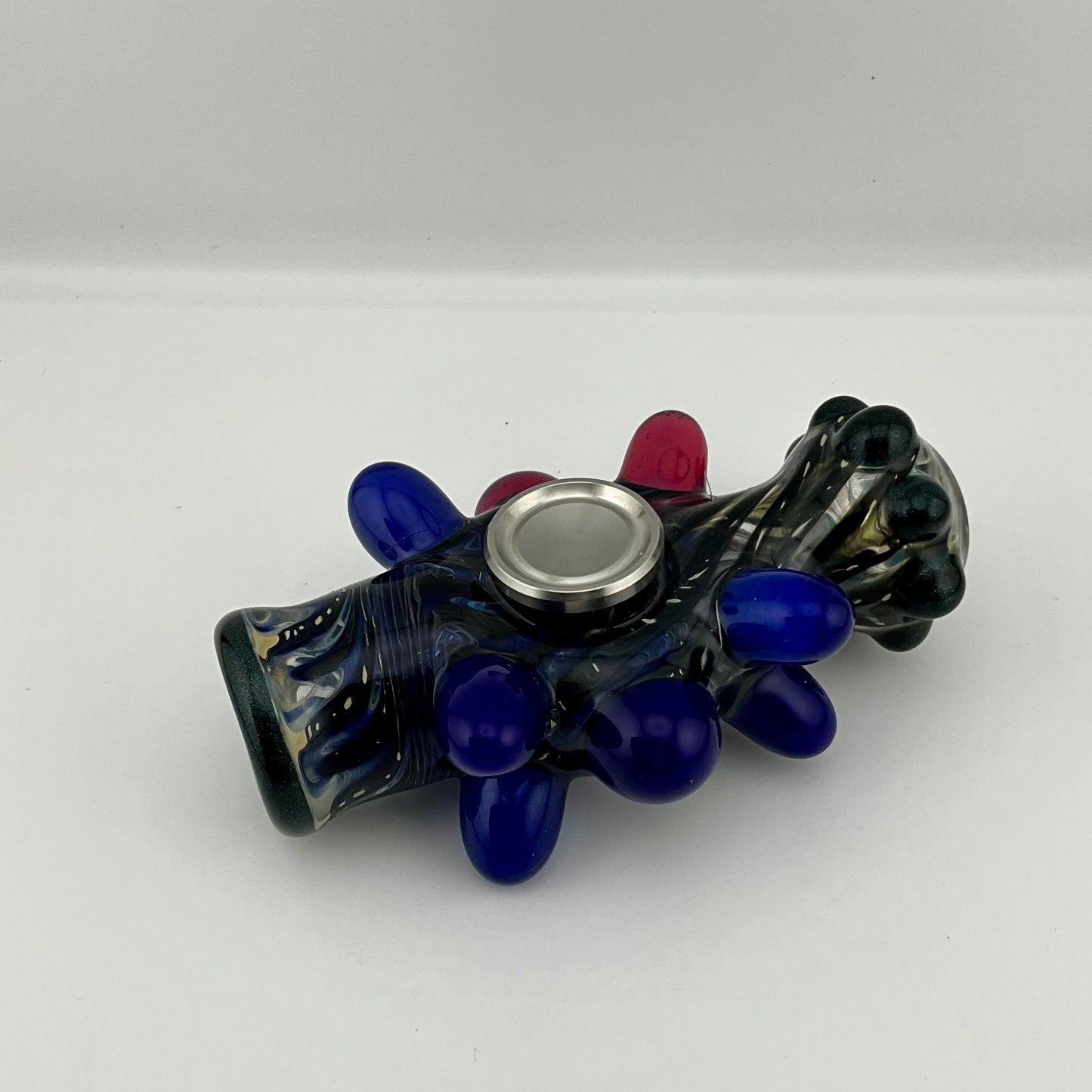 Glass Fidget Spinner Pipe Cobalt Blue and Silver Wrap n Rake - JeffBeckerGlass.com