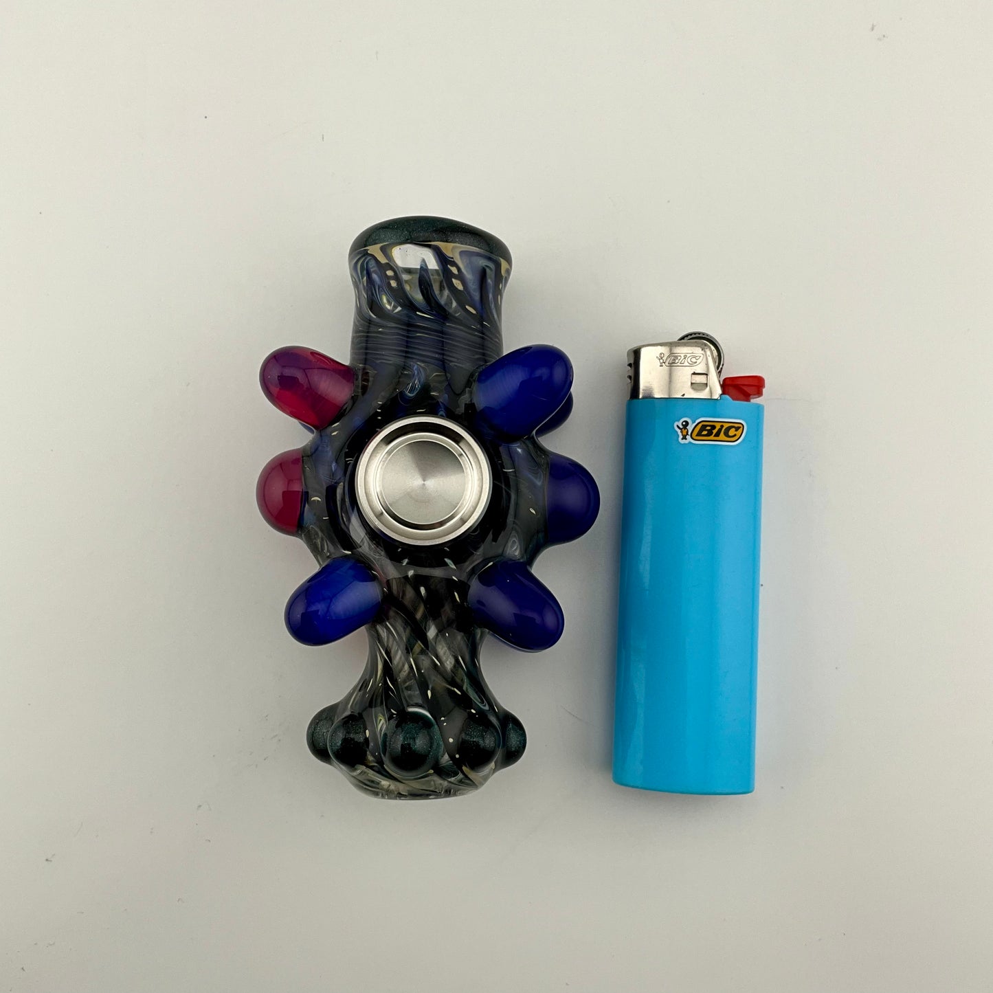 Glass Fidget Spinner Pipe Cobalt Blue and Silver Wrap n Rake - JeffBeckerGlass.com