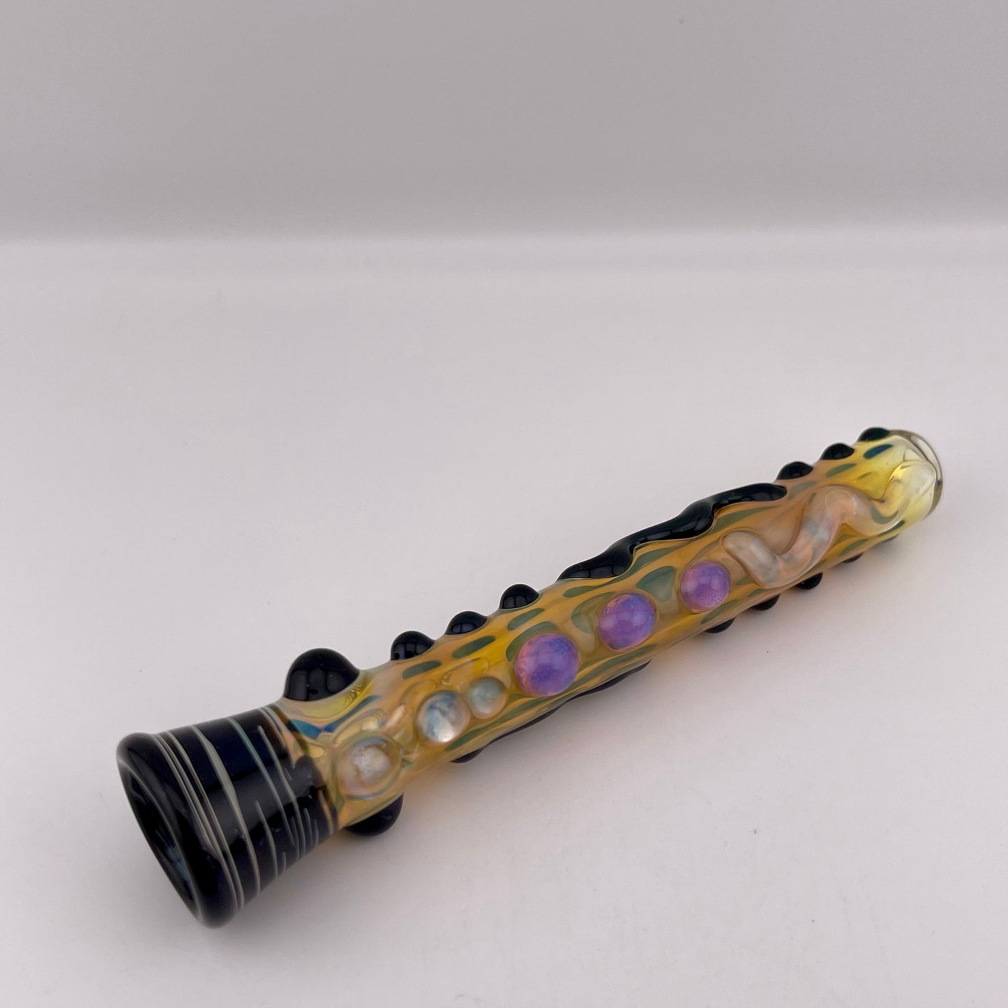 Chillum Glass pipe black and pink slime marbles Fully Worked Pipe Silver Fumed