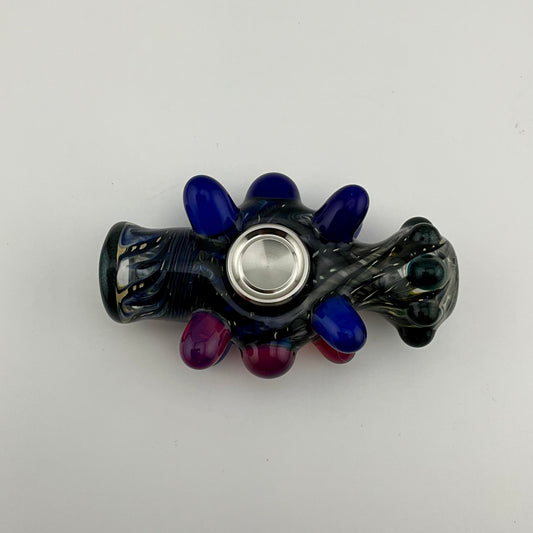 Glass Fidget Spinner Pipe Cobalt Blue and Silver Wrap n Rake