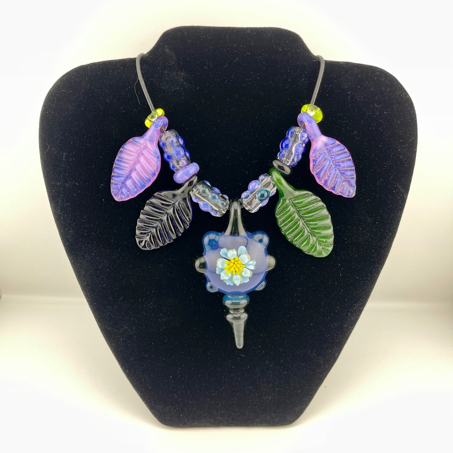 Flower Necklace Pendant with accent leaf Beads - JeffBeckerGlass.com