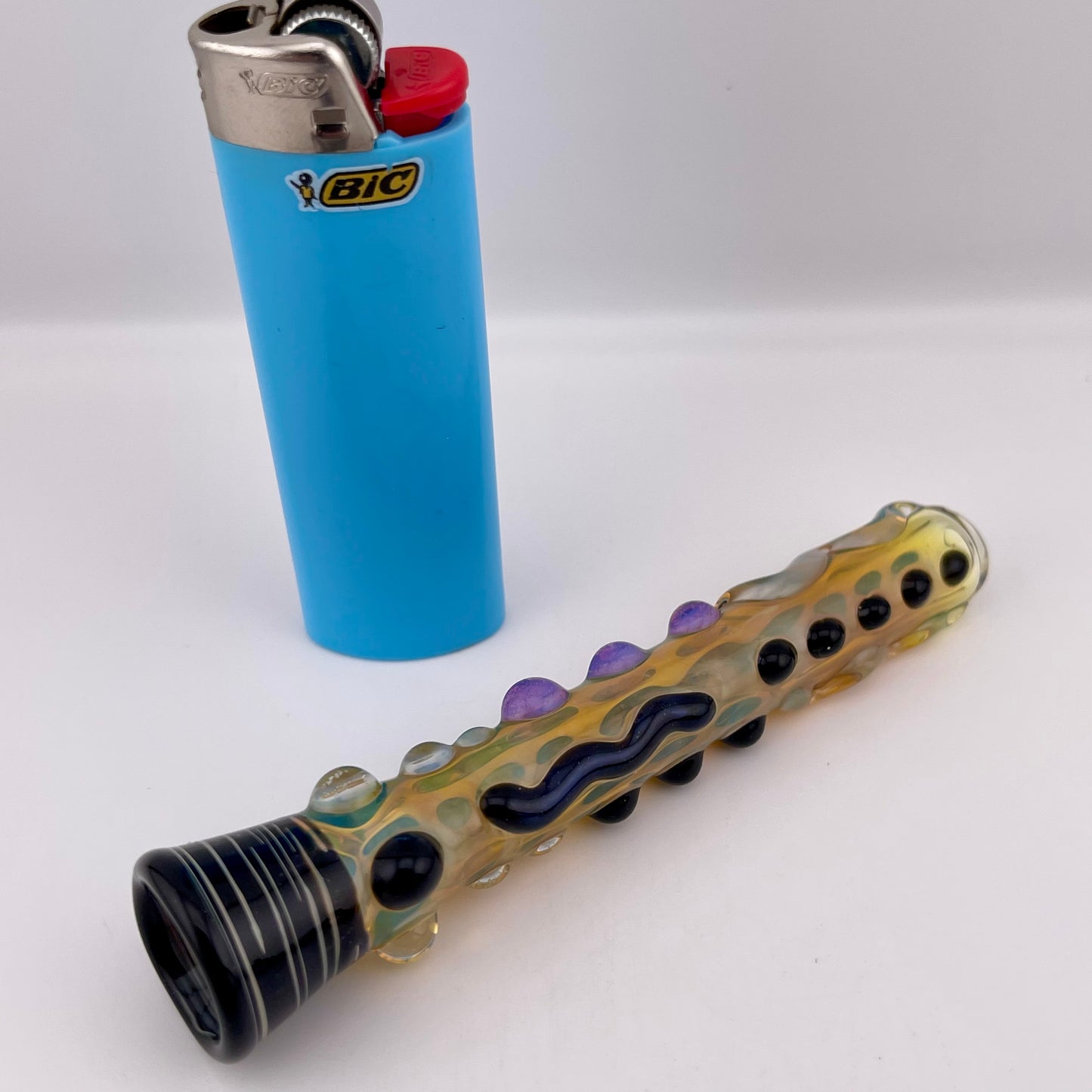 Chillum Glass pipe black and pink slime marbles Fully Worked Pipe Silver Fumed