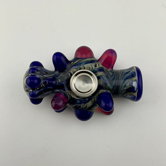 Glass Fidget Spinner Pipe Blue and Silver Wrap n Rake - JeffBeckerGlass.com