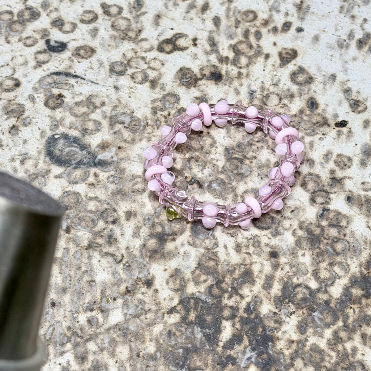 Stretchy Pink Glass Bracelet that Glow Bright Pink Under BlackLight - JeffBeckerGlass.com