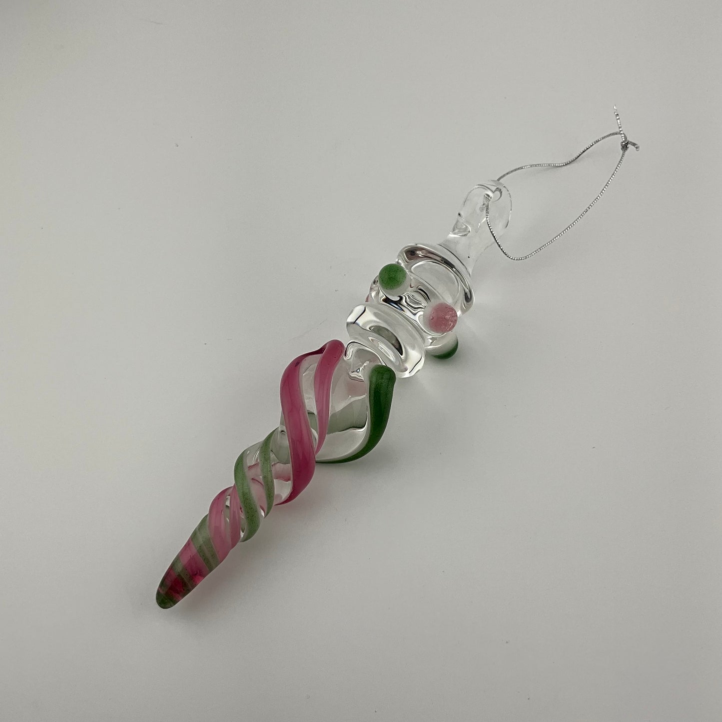 Mini Maria Telemagenta and Sparkly Green over White Colored Glass Icicle Ornament - JeffBeckerGlass.com