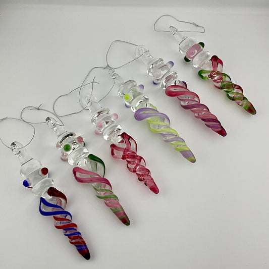 Mini Maria Telemagenta and Plantphibian Green over White Colored Glass Icicle Ornament - JeffBeckerGlass.com