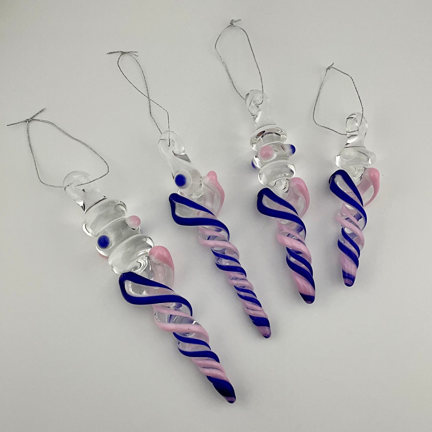 4 Pack of Cadillac Pink and Blue over White Icicle Ornaments - JeffBeckerGlass.com