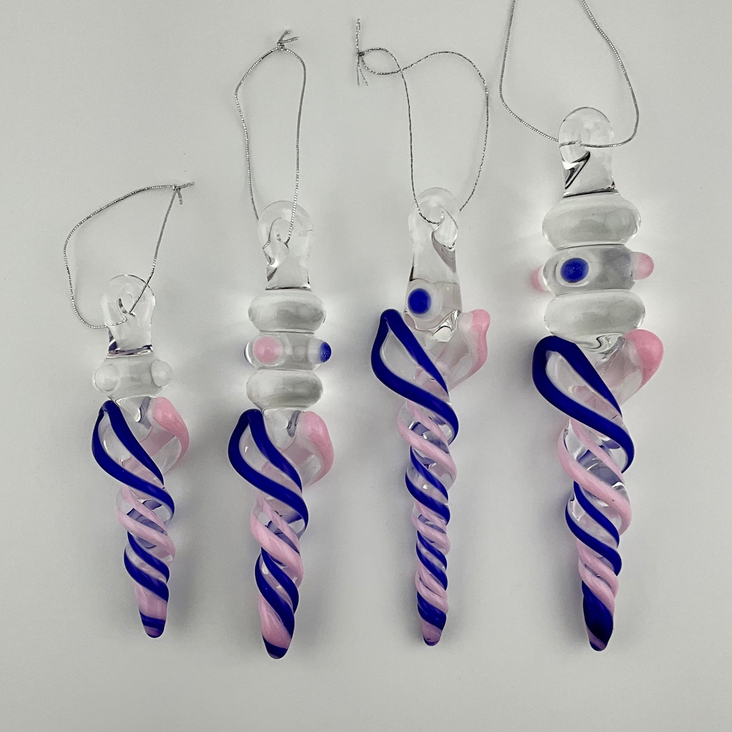 4 Pack of Cadillac Pink and Blue over White Icicle Ornaments - JeffBeckerGlass.com