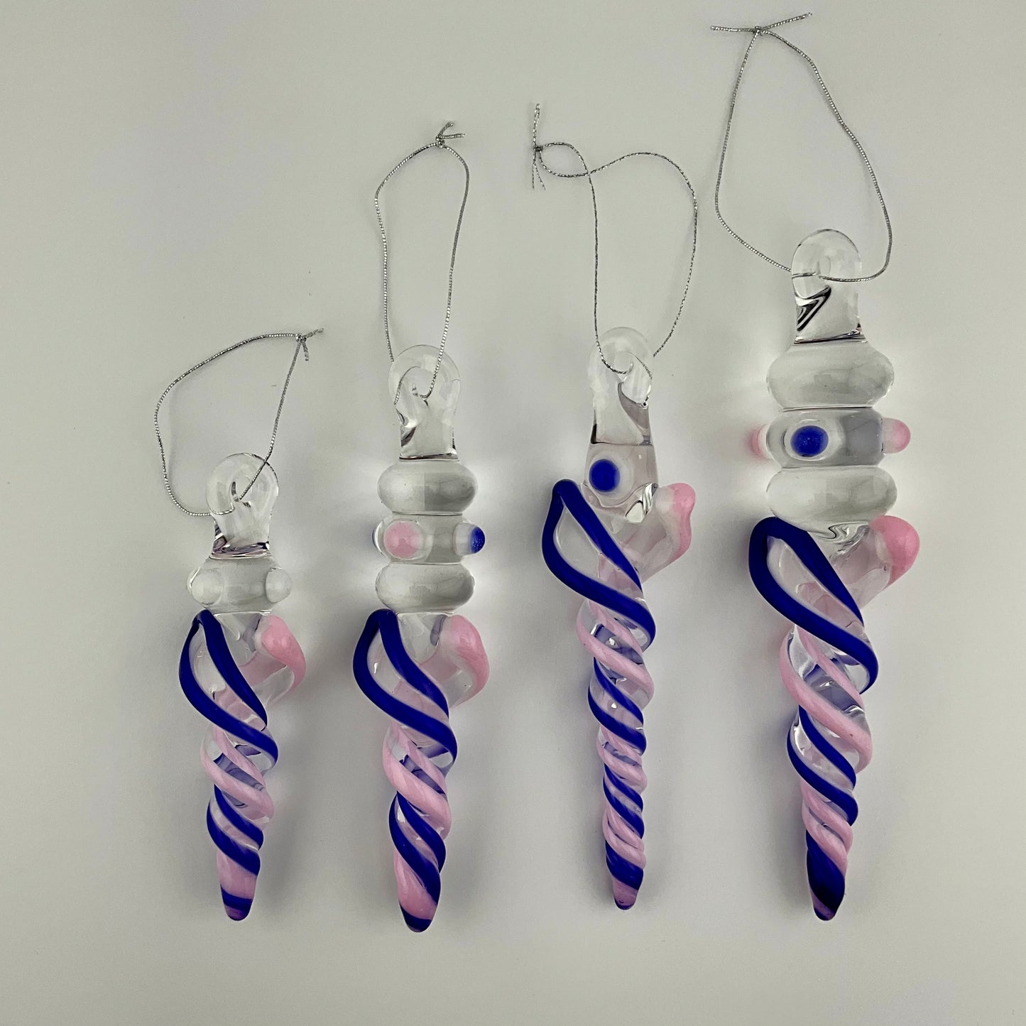 4 Pack of Cadillac Pink and Blue over White Icicle Ornaments - JeffBeckerGlass.com
