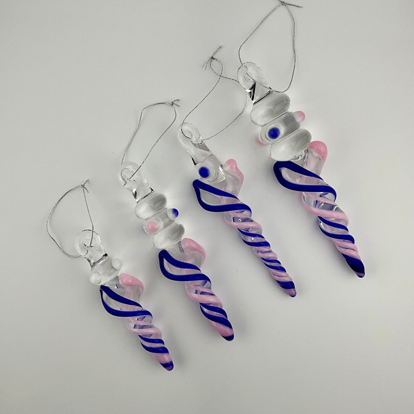 4 Pack of Cadillac Pink and Blue over White Icicle Ornaments - JeffBeckerGlass.com