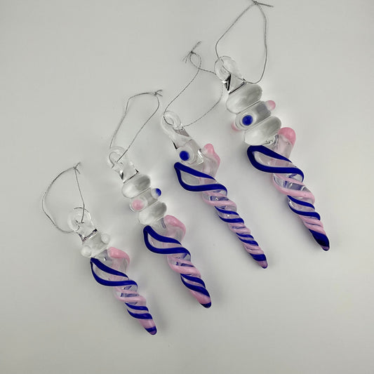 4 Pack of Cadillac Pink and Blue over White Icicle Ornaments - JeffBeckerGlass.com